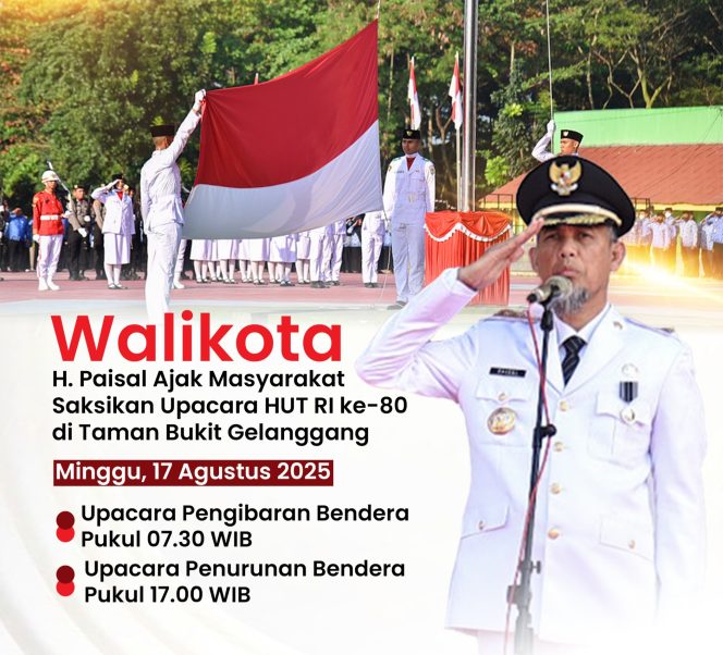 
					Wali Kota Dumai, H. Paisal, SKM, MARS, mengimbau seluruh masyarakat untuk hadir dan menyaksikan upacara serta rangkaian perayaan Hari Ulang Tahun (HUT) ke-80 Kemerdekaan Republik Indonesia Tahun 2025 yang akan dipusatkan di Taman Bukit Gelanggang. (Kominfo)